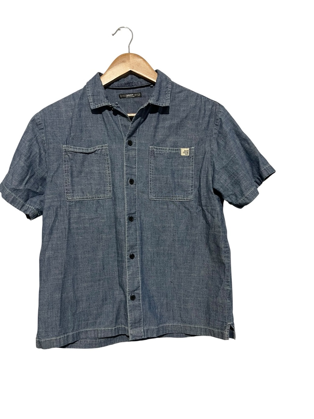 next Short-Sleeve Chambray Button-Down Shirt Blue Size 12